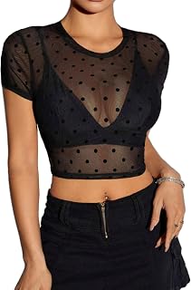 Avidlove Women Mesh Short Sleeve Bodycon Y2k Sheer Blouse O Neck Clubwear Crop Top