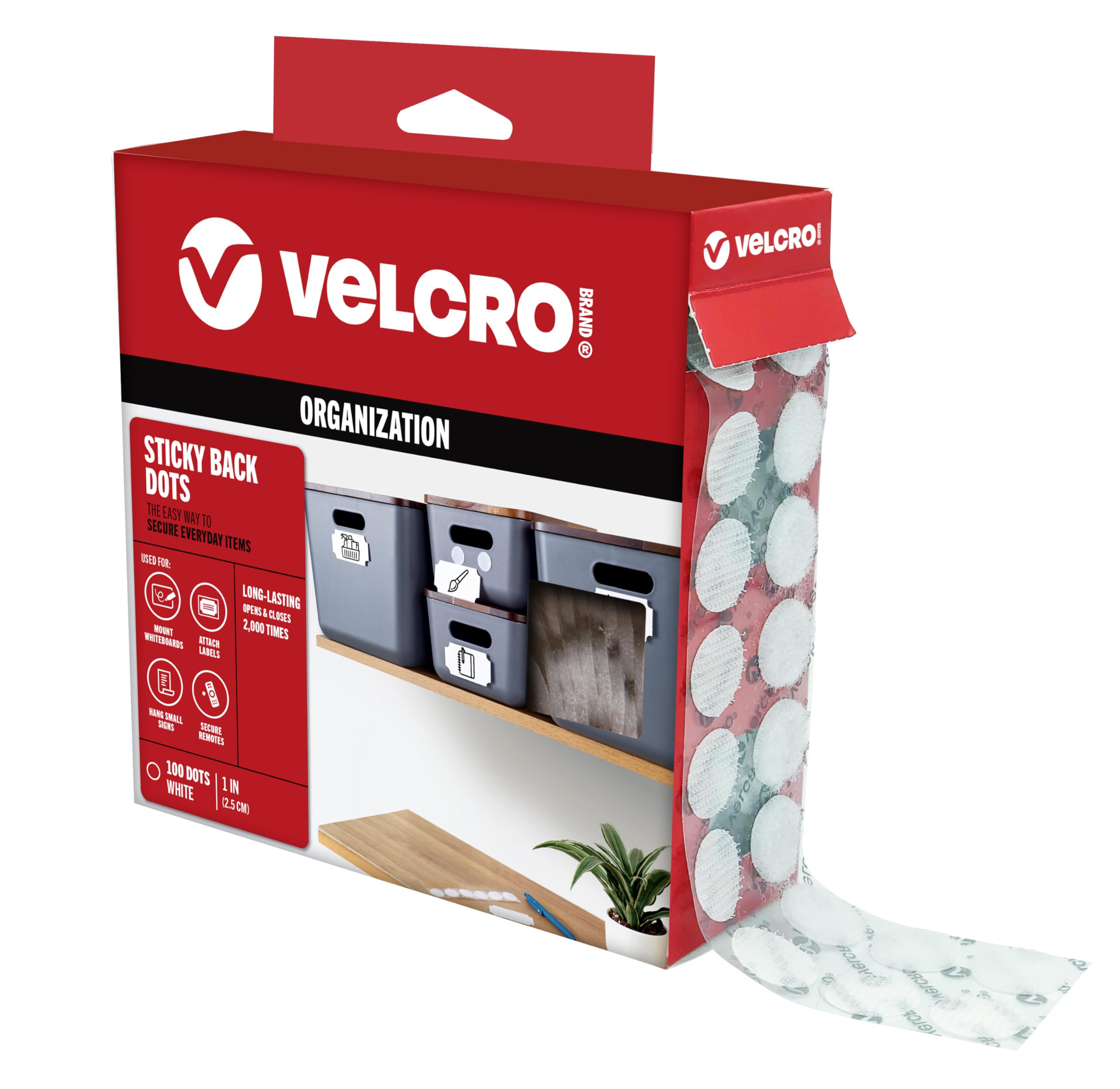 VELCRO Brand Large 1 Inch Dots with Adhesive, White, 100 Pk, Extra Hold | Stick 
