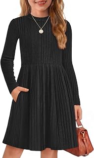 Arshiner Girls Dresses Long Sleeve A Line Knit Sweater Dress with Pockets