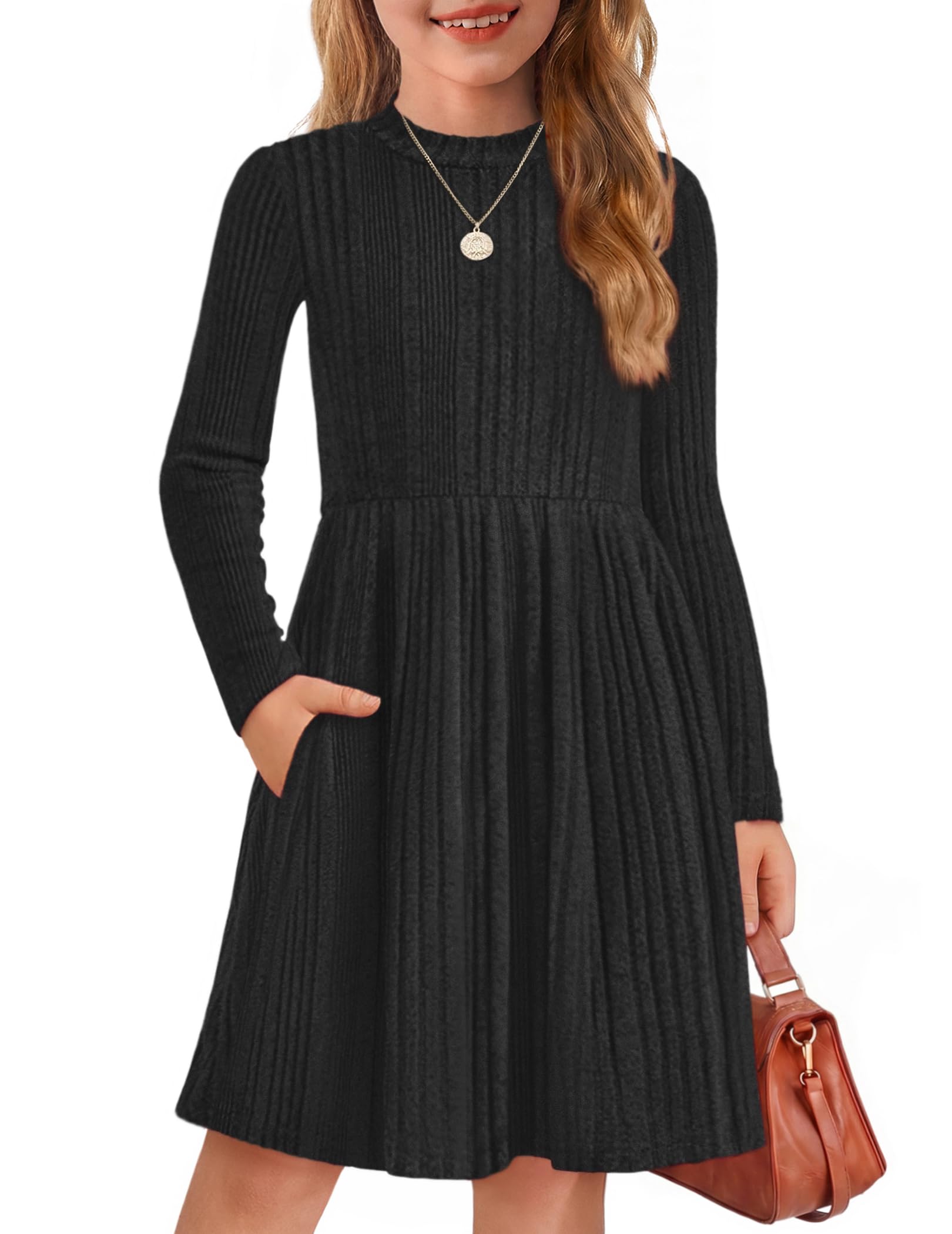 Arshiner Girls Dresses Long Sleeve A Line Knit Sweater Dress with Pockets