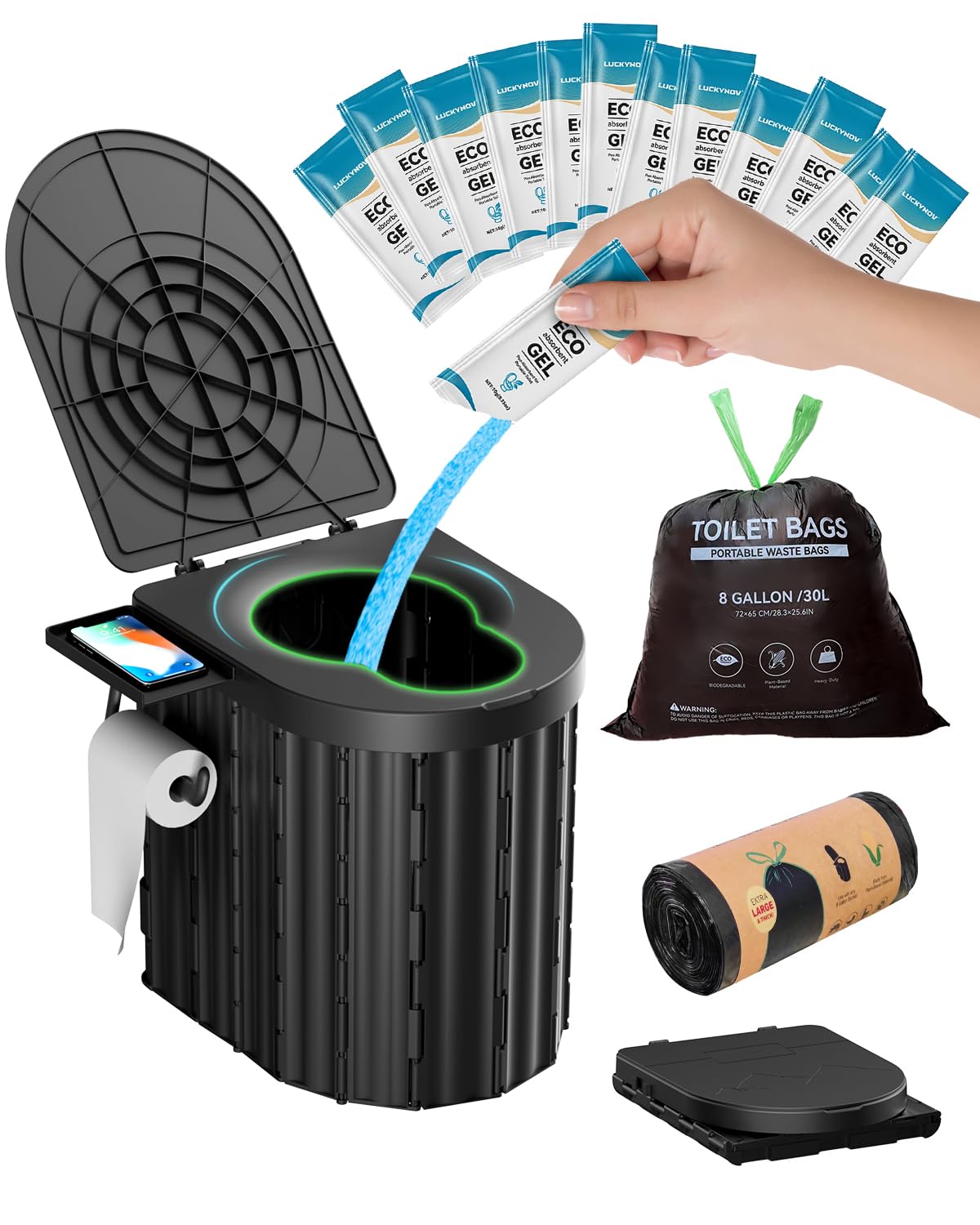 Portable Toilet with Urine Gel & Leak-Proof Bags – Odorless Camping Toilet for A