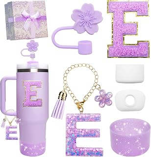 Purple Accessories for Stanley Cup 30OZ 40OZ, All Accessories Gift Box Contain Flower Straw Topper, Sillicone Boot, Letter Stickers and Pendants,Spill Stopper Set (Purple E)