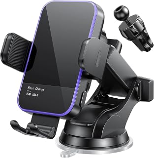 Car Phone Holder Wireless Charger,【7 Colored RGB Backlit】MOSURR 15W Auto Clamping Wireless Car Charger Mount for iPhone 16 15 14 Mini Pro Max, Samsung Galaxy S26 Ultra S25 S24+, etc