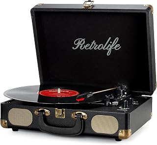 Retrolife® Vinyl Record Player with Speakers, Bluetooth Vinyl Player-Black | Portable, 3-Speed BT Turntable, Belt-Driven, RCA Line Out & Headphone Jack, Auto Stop, Plays 7/10/12" Records, 33/45/78 RPM