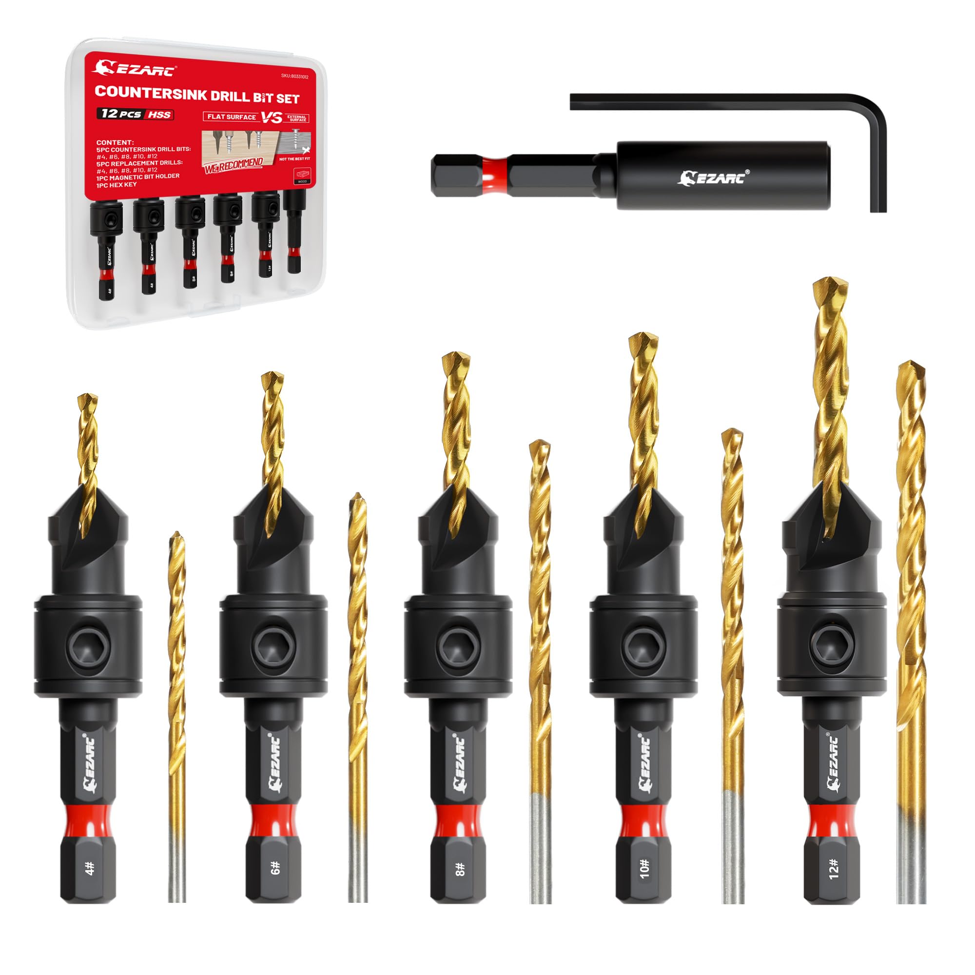 EZARC Countersink Drill Bit Set, 12PCS Counter Sink Drill Bits for Wood | 2-Flut