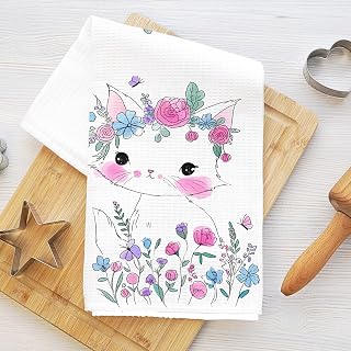 Cute Cat Kitchen Towel 24x14 inch, Flower Butterfly Waffle Weave Hand Towel for Kitchen Home Decoration, White Absorbent Microfiber Dish Cloth Tea Towel, Gift for Cat Lover Women Mom Grandma 2