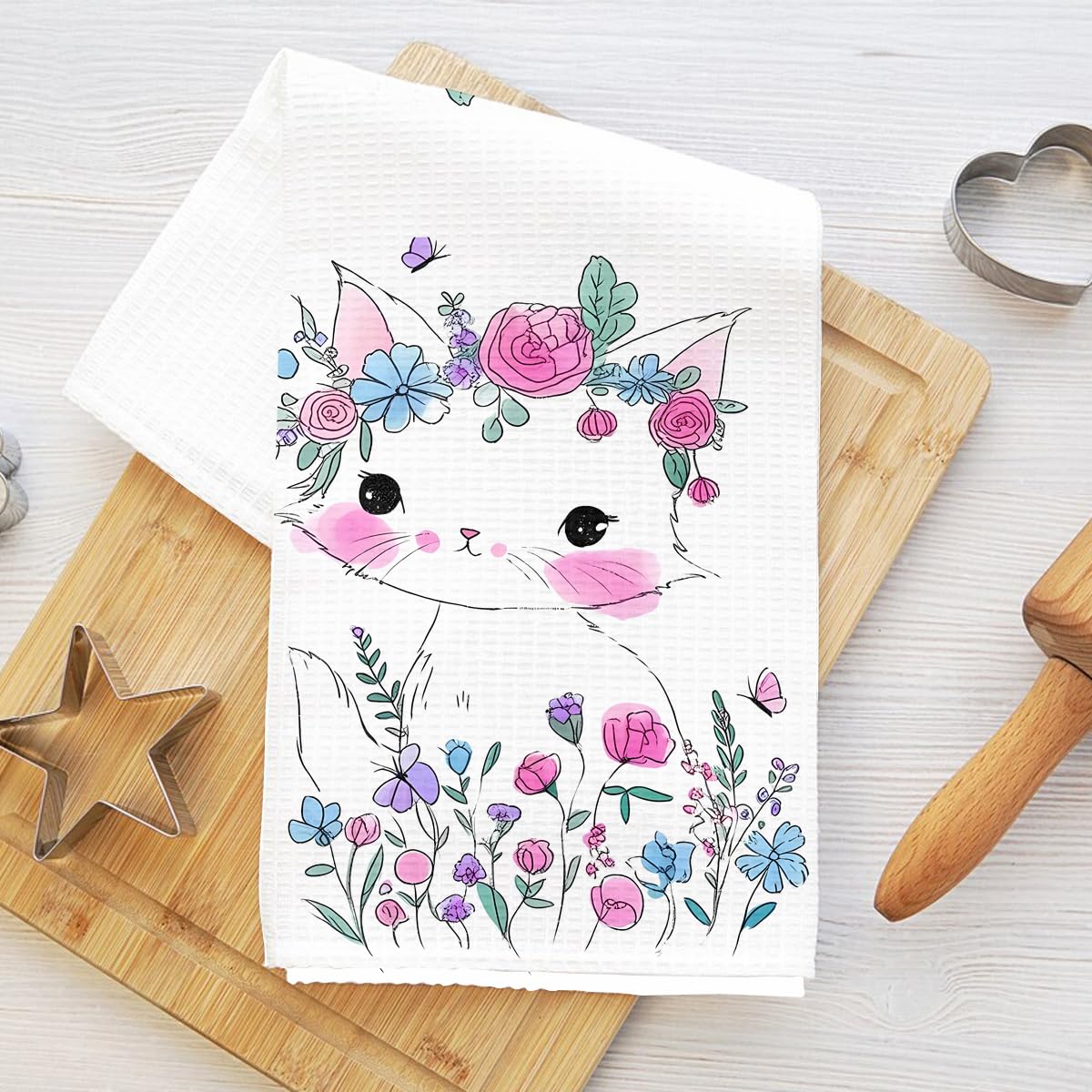 Cute Cat Kitchen Towel 24x14 inch, Flower Butterfly Waffle Weave Hand Towel for 
