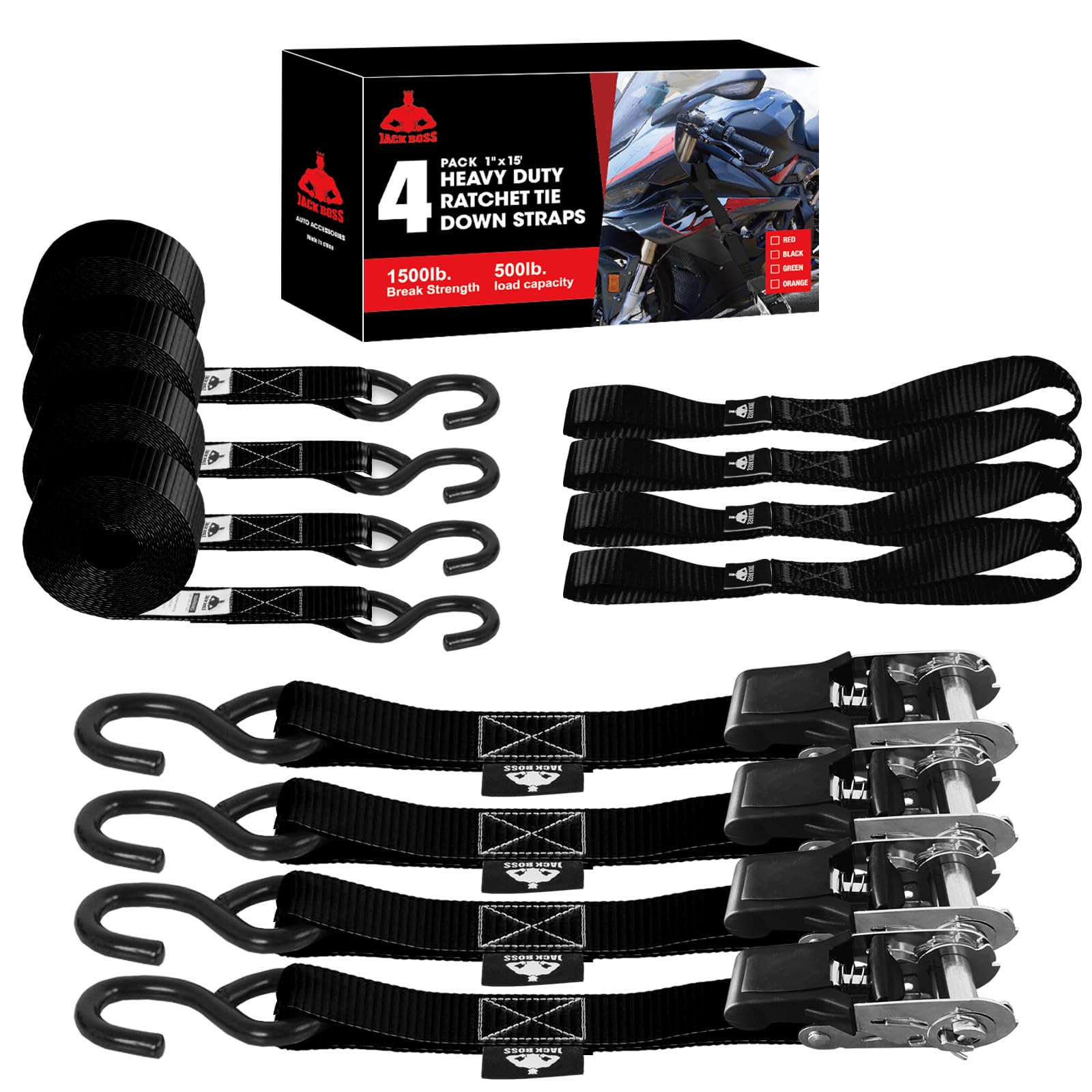 Jack Boss Ratchet Tie Down Straps Set,1500 lbs Break Strength, 1" x 15'