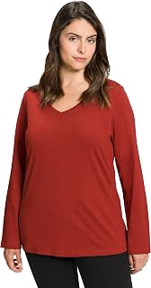 Ulla Popken Women's Plus Size Slim Fit V-Neck Long Sleeve T-Shirt 719505