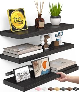 BAYKA Black Floating Shelves 15.7in, Set of 3, Wall Mount Rustic Wood Shelf | Easy Install, Space Saving, Hidden Bracket, Wall Shelving for Lego Plant Dorm Laundry Display, Over The Toilet Storage Shelf