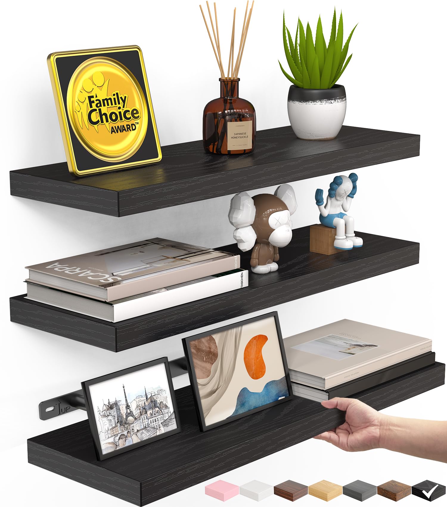 BAYKA Black Floating Shelves 15.7in, Set of 3, Wall Mount Rustic Wood Shelf | Ea