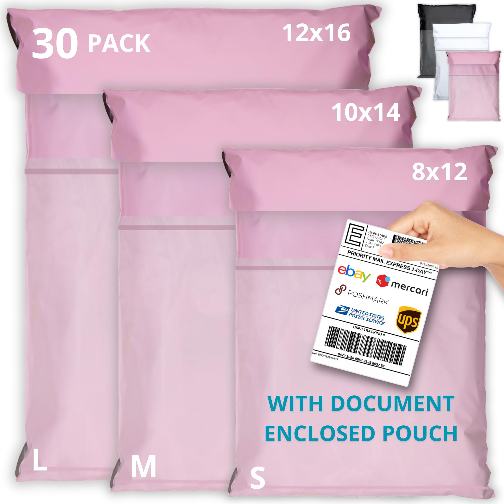 EMBALLAX Shipping Bags (30 Pack) with Label Pouch - 8x12, 10x14 & 12x16 - Poly M