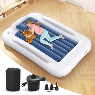 Deeteck Inflatable Toddler Travel Bed - 60 Inches Portable Toddler Bed for Travel with Safety Sides - Cozy Kids Air Mattress Set with Built-in Electric Pump &amp; Carry Case- Easy to Inflate - Sea Blue