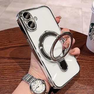 Magnetic Case for iPhone 16 Plus Case Stand & Ring Holder Compatible with MagSafe Built-in Camera Lens Protector Shockproof Phone Case for iPhone 16 Plus 6.7" - Silver