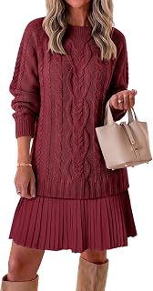 Saodimallsu Womens Cable Knit Sweater Dress Patchwork Pleated Long Sleeve Crewneck Fall Chunky Preppy Mini Dresses