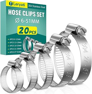 Leryati Hose Clips 6-51mm Set, 20 Pcs Hose Pipe Clips Stainless Steel 304 | 5 Sizes Adjustable Small Screw Clamps Pipe Clip Worm Drive Clamp Clip for Pool, House Gas Pipes, Garden Hoses