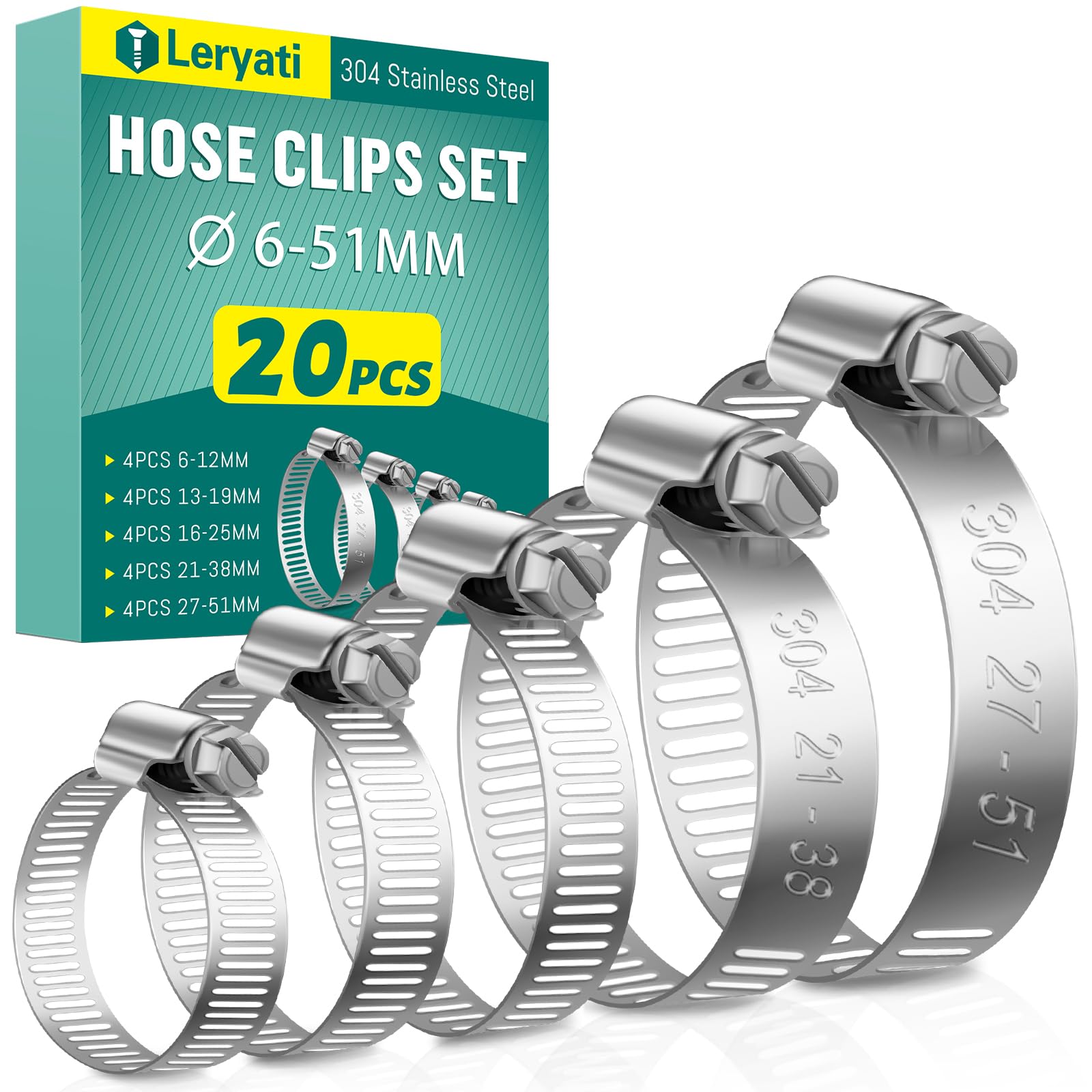 Leryati Hose Clips 6-51mm Set, 20 Pcs Hose Pipe Clips Stainless Steel 304 | 5 Si