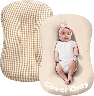 FUNUPUP Muslin Baby Lounger Cover Only, Beige &amp; Plaid | 100% Muslin Cotton Soft Breathable Easy On/Off Envelope Closure Machine Washable Easy-Clean Protector Neutral Colors