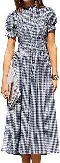 RIHOAS Plaid Gingham Midi Dress Short Sleeve Smocked Dresses for Women