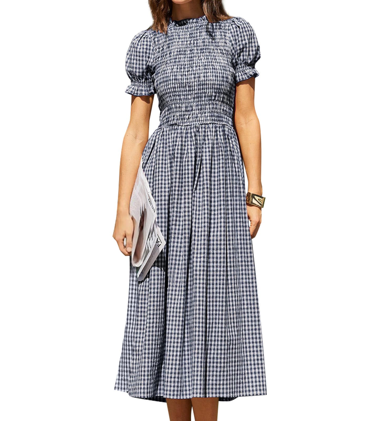 RIHOAS Plaid Gingham Midi Dress Short Sleeve Smocked Dresses for Women