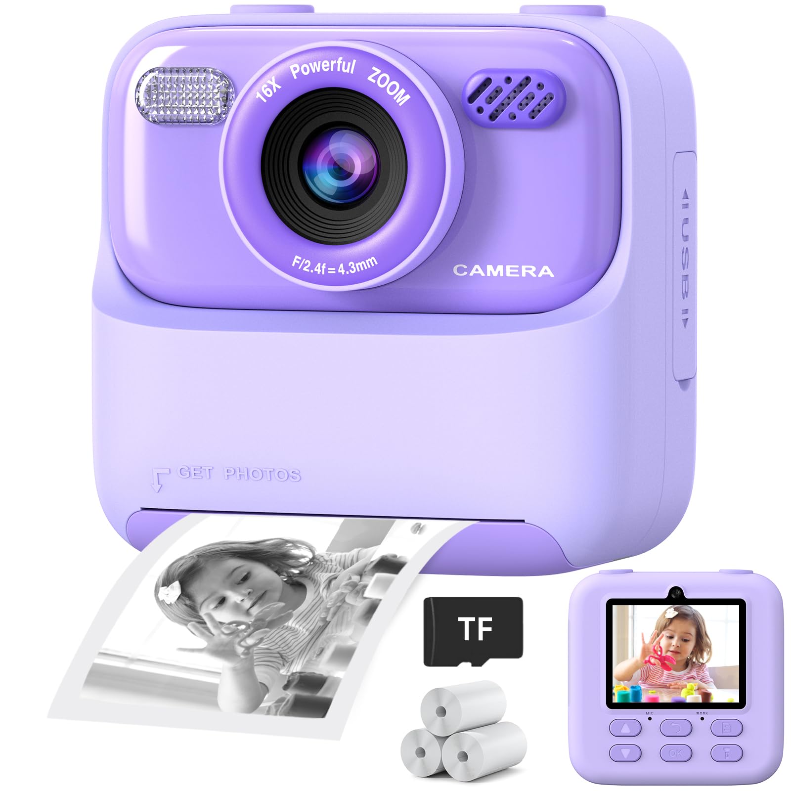 Upgrade Kids Camera Instant Print for Boys and Girls, 1080P HD Dual-Lens Selfie 