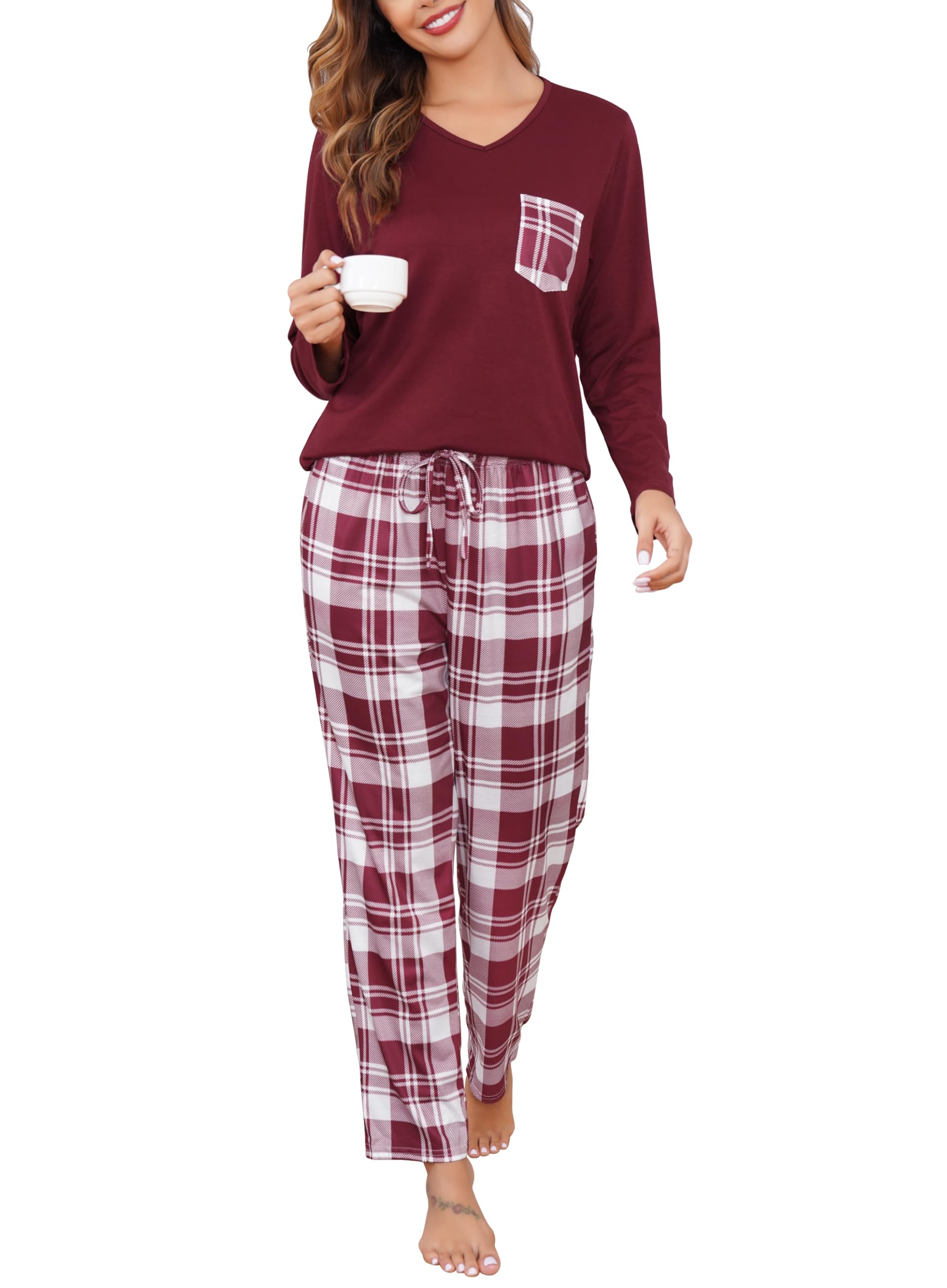 Sopesil Pajamas for Women Winter Pyjamas Set Winter Long Sleeve Plaid Sleepwear 