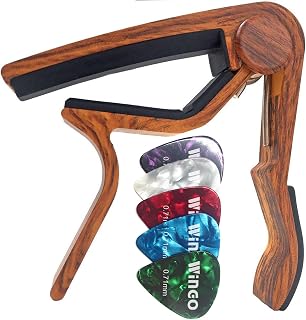 WiNGO Acoustic Electric Guitar Capo, Wood Colour, 5 Picks | Alloy Guitar Capo for Folk Guitars 6 Strings, Ukulele, Mandolin and Banjo, Guitar Accessories