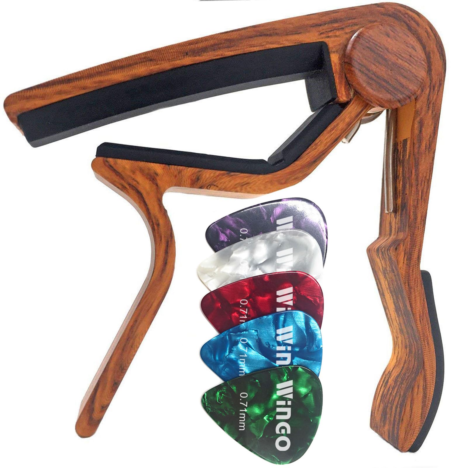 WiNGO Acoustic Electric Guitar Capo, Wood Colour, 5 Picks | Alloy Guitar Capo fo