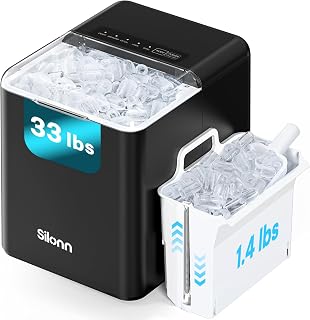 Silonn Ice Maker Countertop, 10 Ice Cubes in 5 Mins, 33 lbs/24H, 2 Bullet Ice Sizes, Self-Cleaning Ice Maker with Scoop, Portable Compact Ice Machine for Home, Kitchen, Party