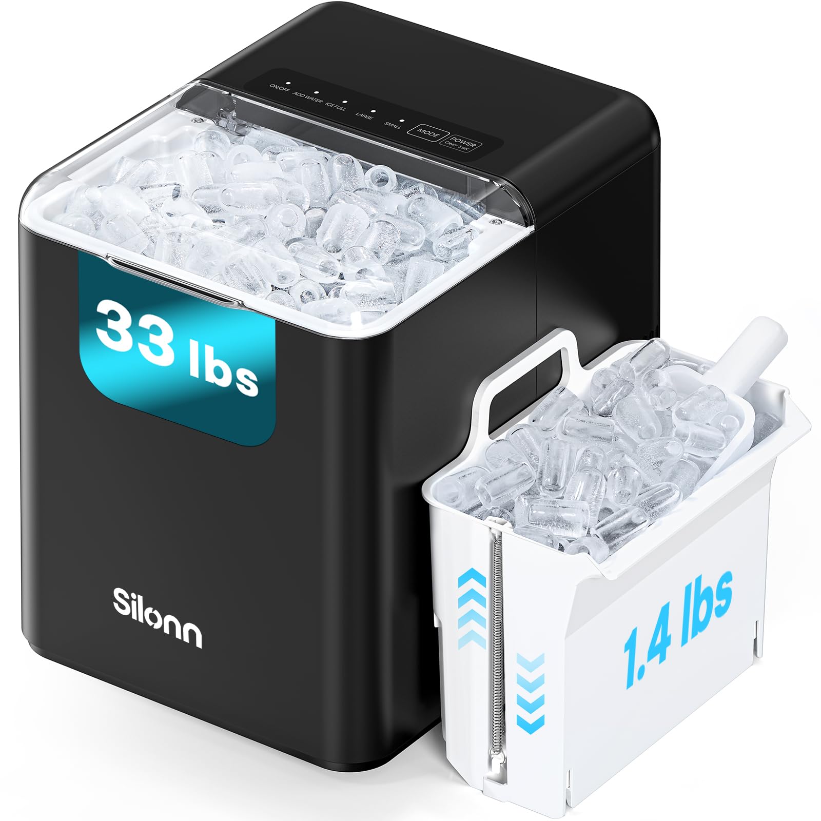 Silonn Ice Maker Countertop, 10 Ice Cubes in 5 Mins, 33 lbs/24H, 2 Bullet Ice Si