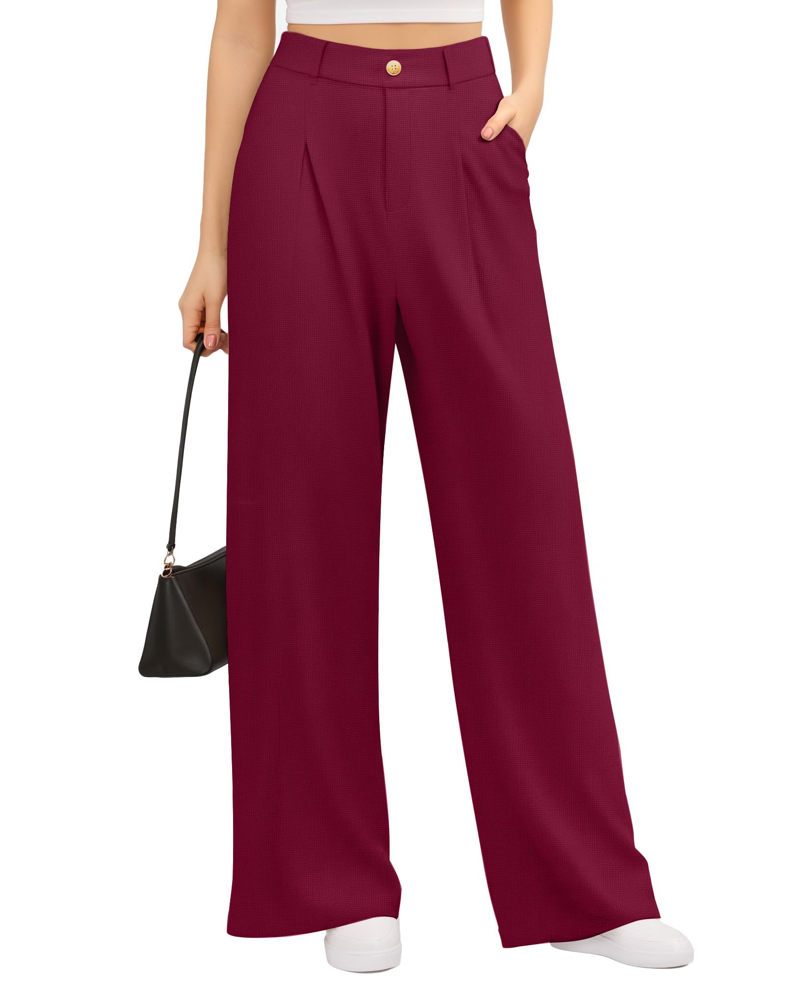 Women's High Waist Wide Leg Casual Pants Stretch Faux Front Waffle Knit Dressy S