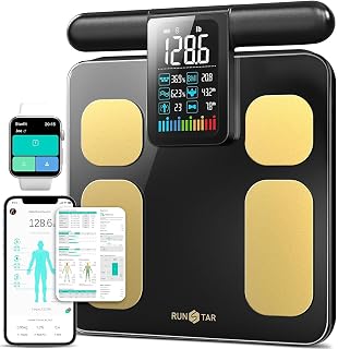 RunStar 8-Electrode Scale for Body Weight, Color Screen Handle, 50+ Metrics | Rechargeable Body Composition Scale with BMI Body Fat Muscle Mass, Analysis Report, 0.1lb High Accurate, 400lbs, BlackGold