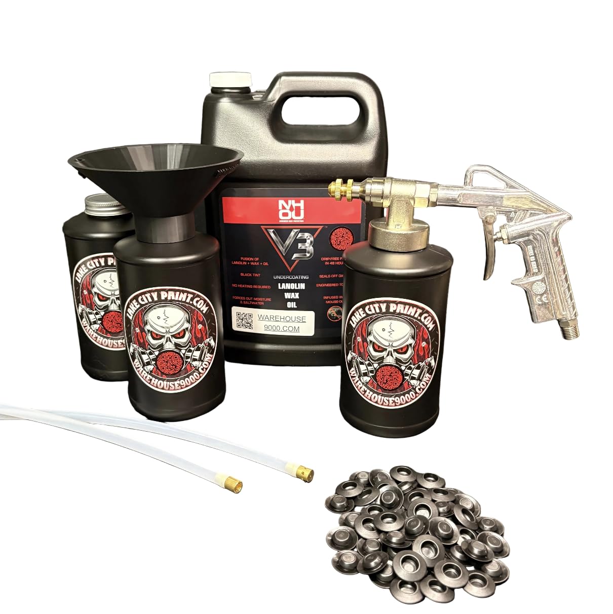 NHOU V3 Black Pro Undercoating Spray Gun & Custom Threaded Funnel - 2 Wand Kit (
