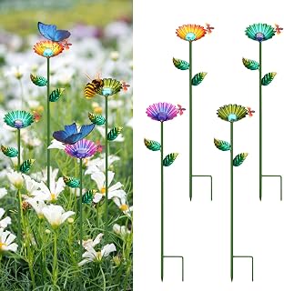 Bee Watering Station 4 Pack,Bee Cup Metal Colorful Flower Design,for Bees and Butterflies Bath,with Design-Sense Colored Glass Beads,for Outdoor Garden Yard Decor
