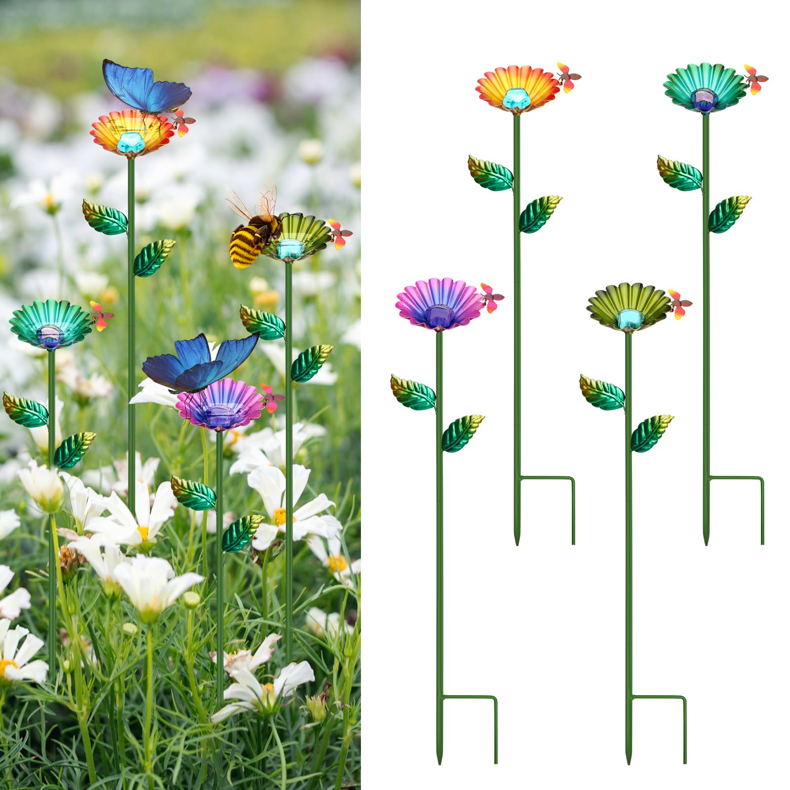 Bee Watering Station 4 Pack,Bee Cup Metal Colorful Flower Design,for Bees and Bu