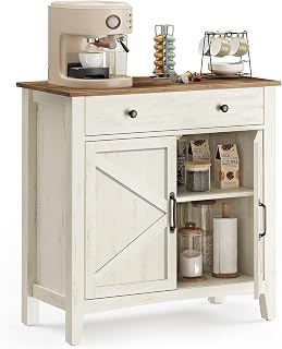 VASAGLE Coffee Bar Cabinet, Kitchen Storage Cabinet with a Drawer, Farmhouse Cabinet Sideboard with Adjustable Shelf for Kitchen, Rustic White and Honey Brown UBBK341W01