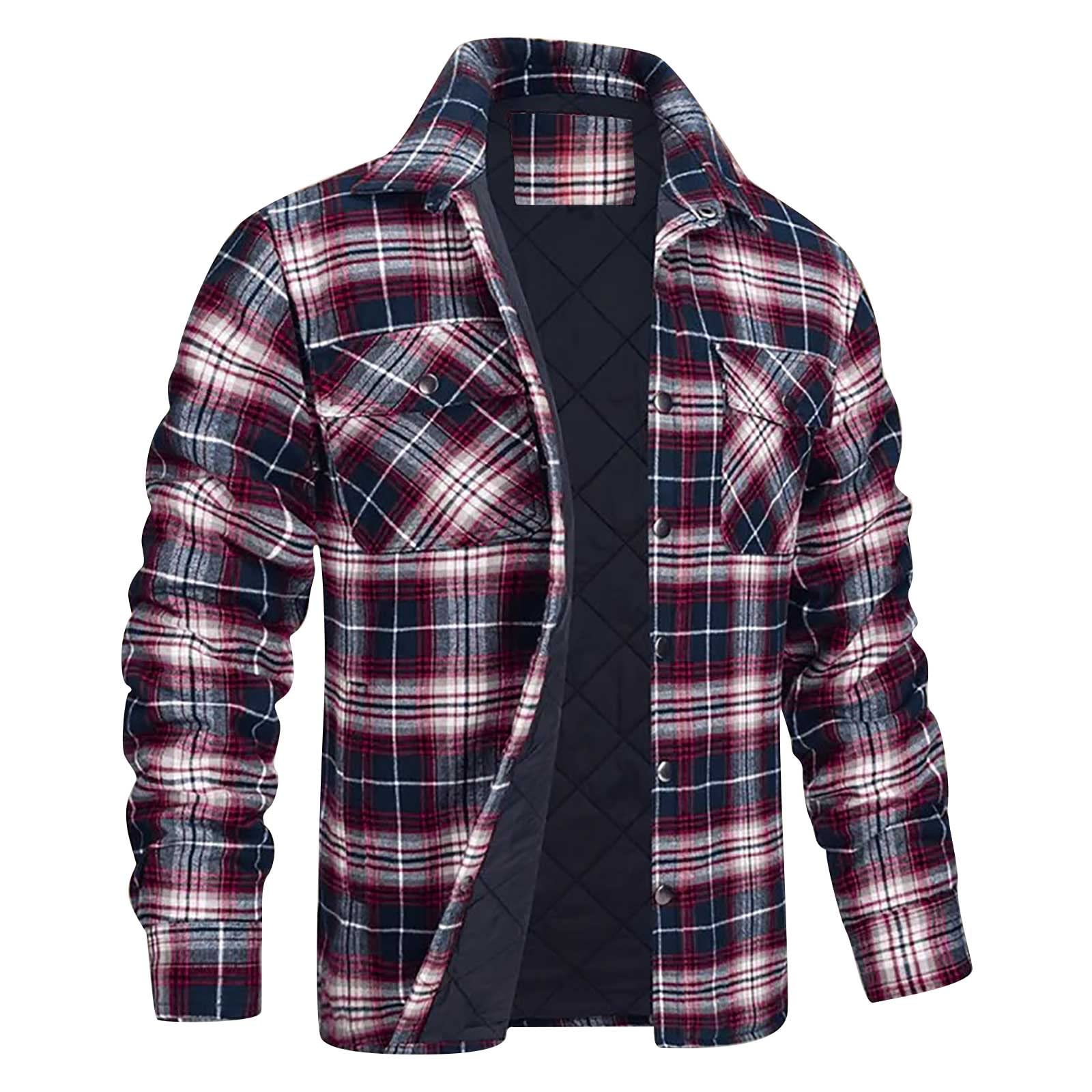 Mens Flannel Shirts Shackets Casual Button Snap Closure Plaid Shirt Coat Thick Q