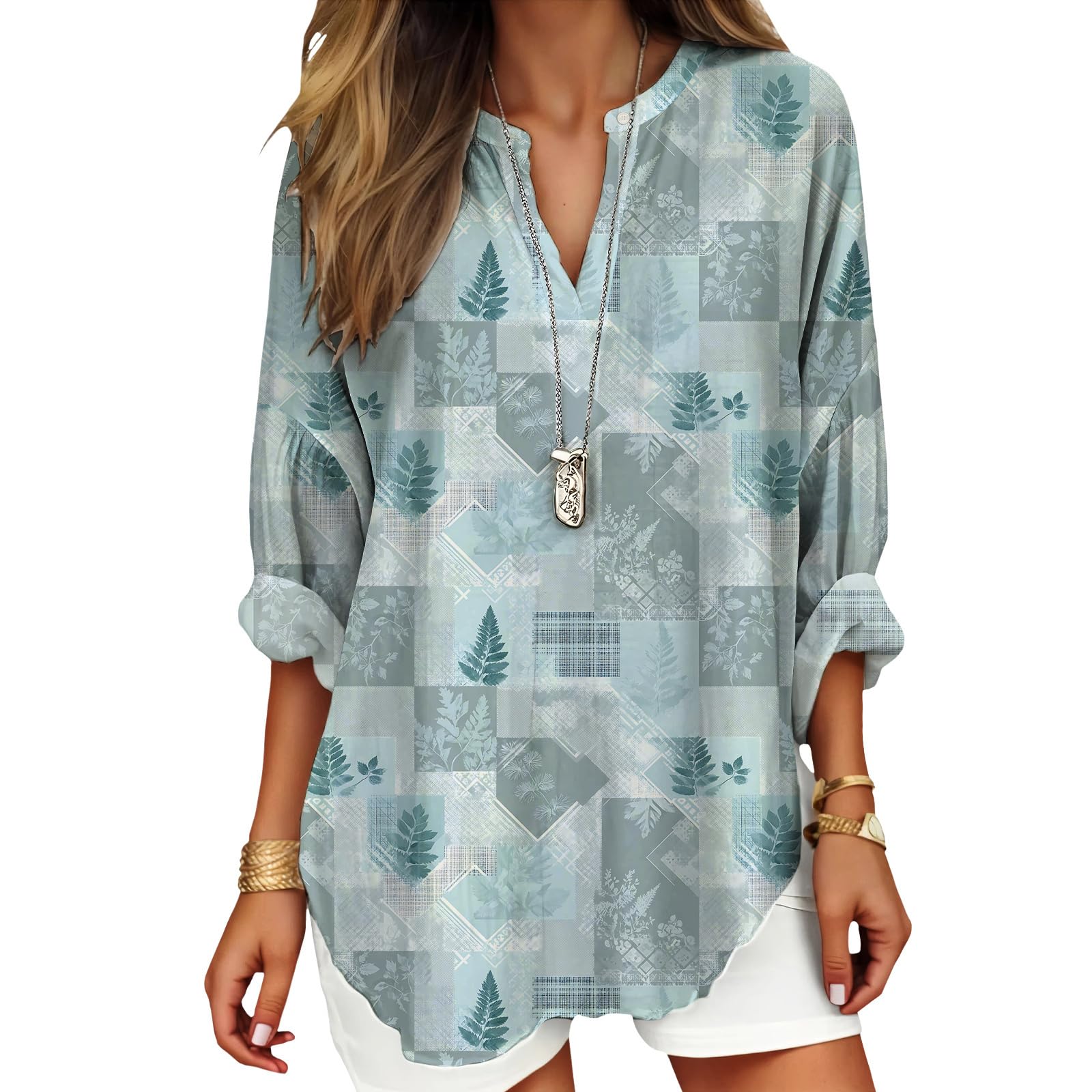 DMOYALA Womens Tops Dressy Casual Long Sleeve V Neck Tunics Plus Size Boho Flora