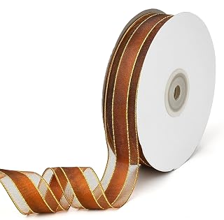 50 Yards Organza Ribbons for Crafts 1 Inch Gold Metallic Edge Dark Brown Sheer Chiffon Ribbons for Wedding Bouquets Christmas Tree Decorations DIY Bows