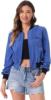 Women's Bomber Jacket Long Sleeve Casual Lightweight Zip Up Autumn Coat Outwear Windbreaker Large Blue