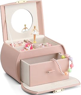 VLANDO 2 Layer Girls Musical Jewelry Box with Ballerina and Large Drawers | Rotating Dancer Plays Canon Melody, Top Dividers Store Rings and Small Treasures, Half-Moon Design, Birthday Christmas Gift