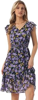 Allegra K Womens Floral Dress V Neck Ruffle Smocked Knee Length Dresses