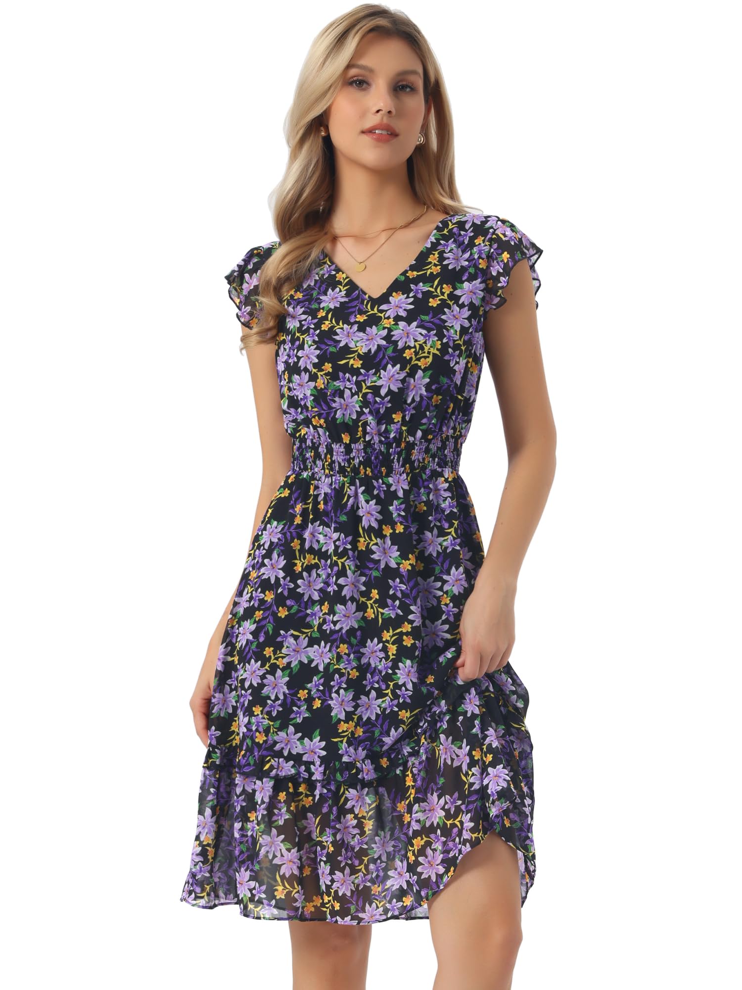 Allegra K Womens Floral Dress V Neck Ruffle Smocked Knee Length Dresses