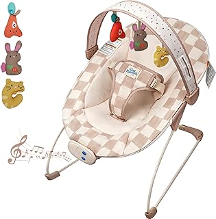 Tiny Marvels Baby Bouncer, Baby Bouncer Seat with Music for 0-6M, 20lbs | Soothing vibration, sensory toys, 3-point safety harness, machine washable seat, melodies 0–6 months, baby boy