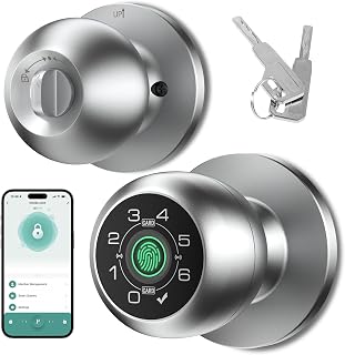 HEI LIANG Fingerprint Door Lock with Keypad,Smart Door Knob.Matte Silver | App Controlled Biometric Keyless Entry Door Lock for Bedroom, Storage Room, Apartment，Office, Hotel