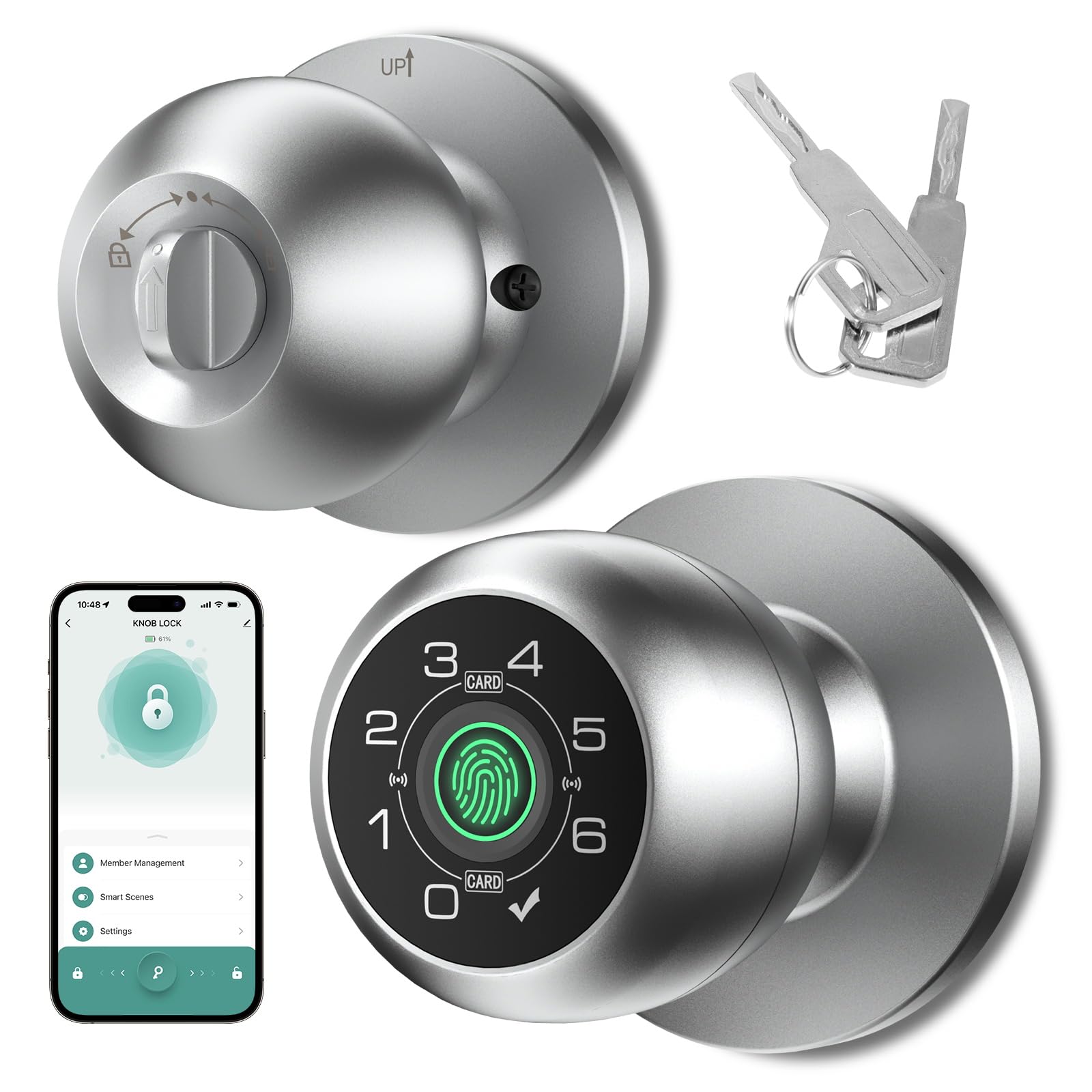 HEI LIANG Fingerprint Door Lock with Keypad,Smart Door Knob.Matte Silver | App C