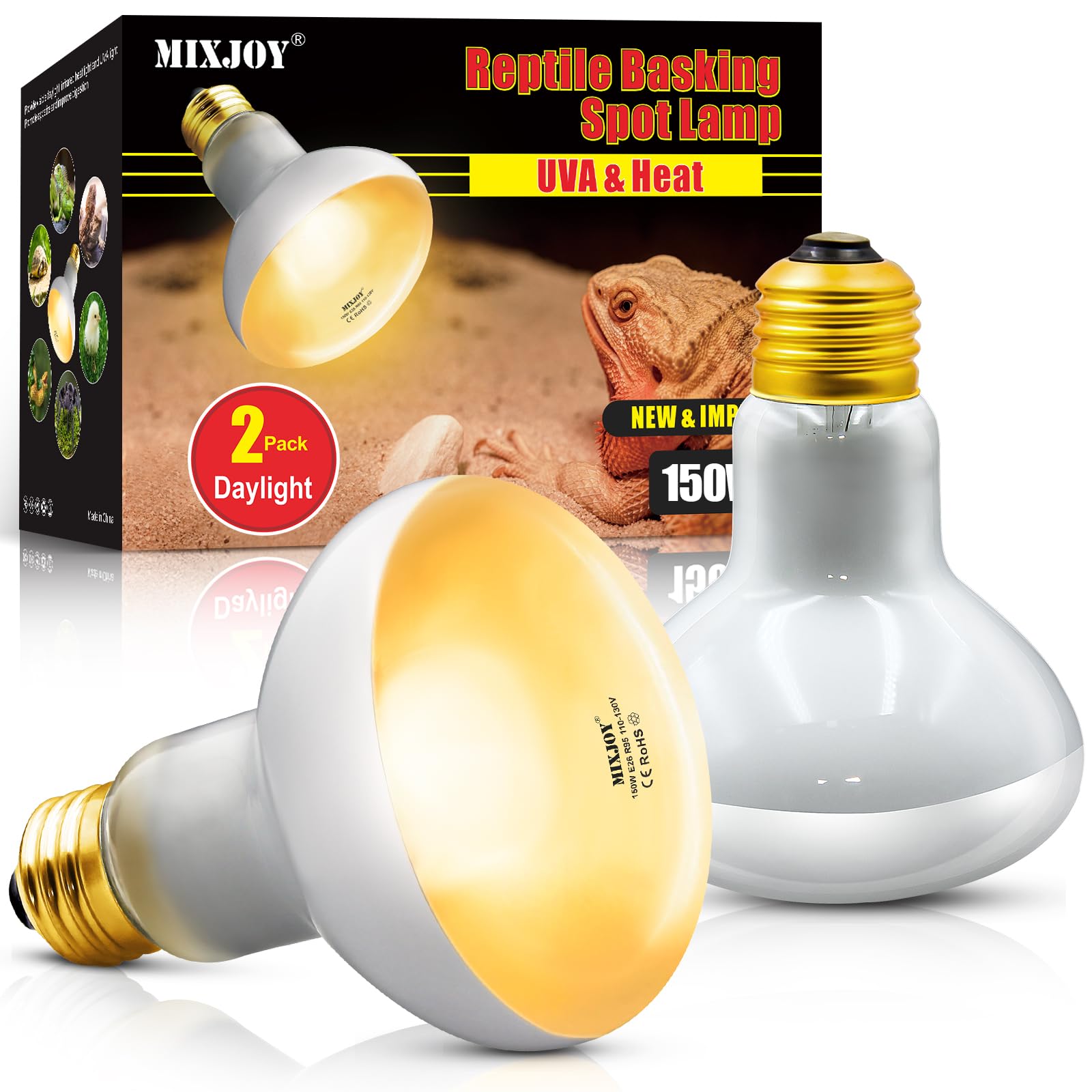 MIXJOY Reptile Heat Lamp, 2 Pack 150W Reptile Heat Lamp Bulbs, UVA Daylight Bask