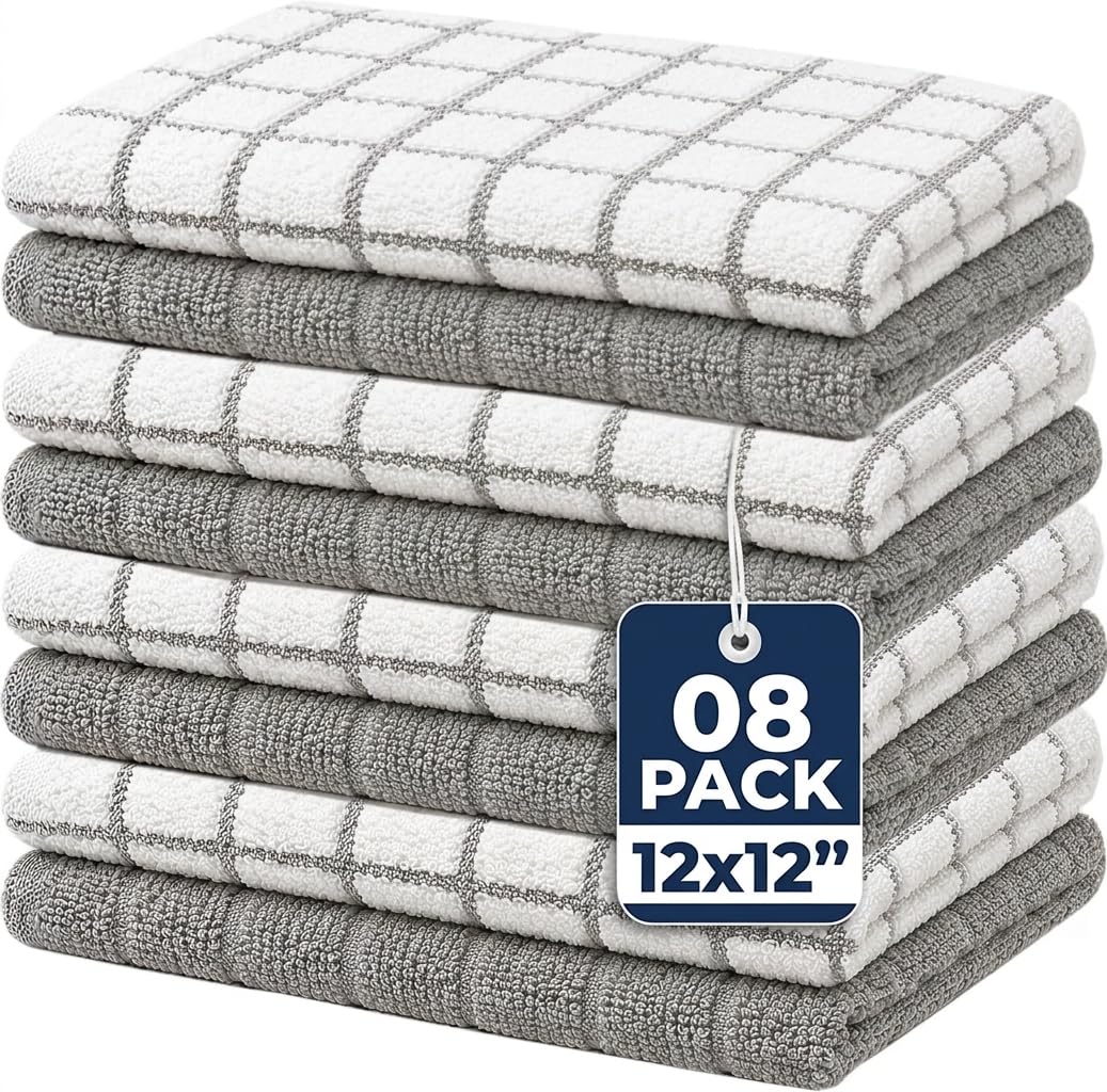 Bumble 12"x12" Dish Cloths (8-Pack), 100% Cotton Kitchen Towels - Gray | 405 GSM