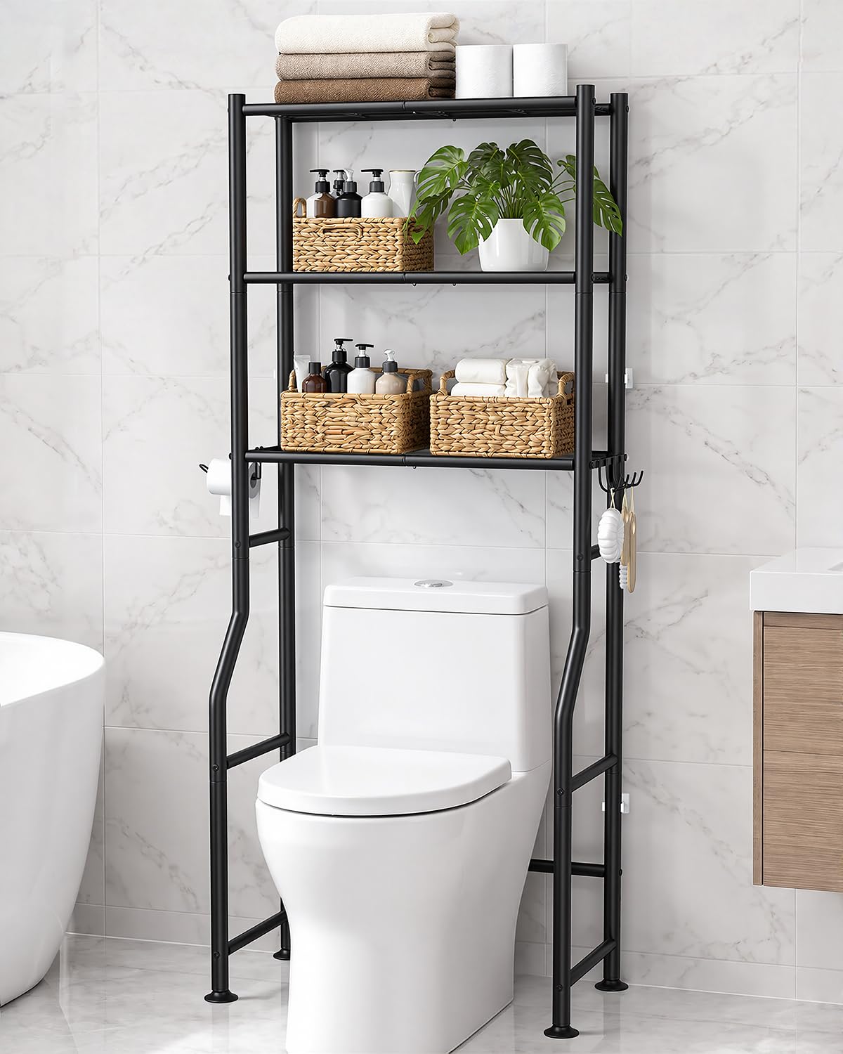 GloTika 3-Tier Over Toilet Storage Cabinet, No Drilling, 64" H, Black | Bathroom