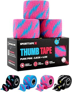 SPORTTAPE 3 Rolls Weightlifting Thumb Tape - Pink, 3.8cm - Hook Grip Tape